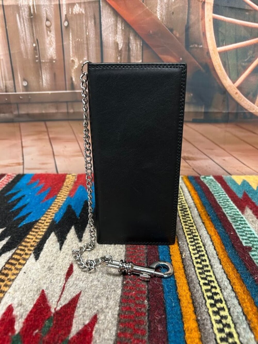 Black Leather Tall Wallet With Chain